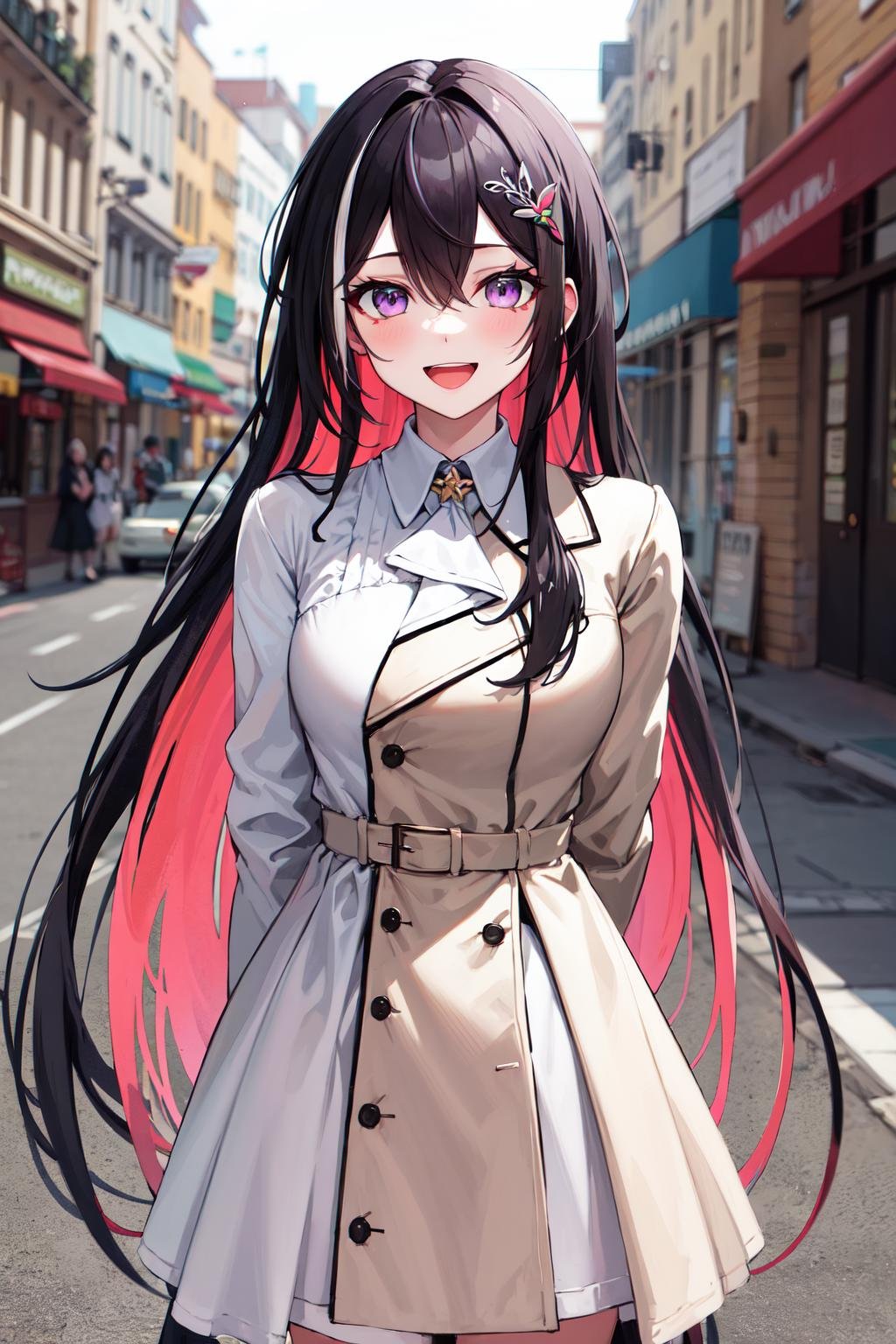 masterpeace, best quality, highres, 1girl, solo, multicolored hair, pink hair, purple eyes, black hair, dress, colored inner hair, hair between eyes, white dress, brown jacket, two-tone hair, jewelry, long sleeves, x hair ornament, bangs, bracelet, very long hair, streaked hair, hairclip, <lora:AZKi_v10:0.7>, standing, cowboy shot, smile, street, arms behind back, open mouth, 