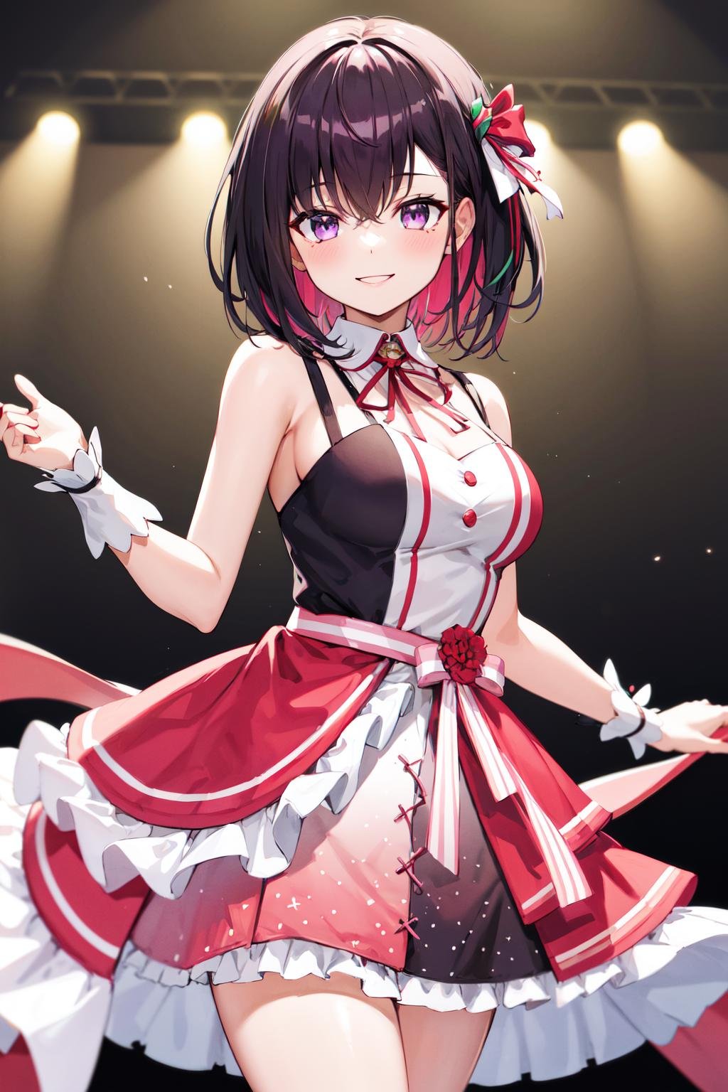 masterpeace, best quality, highres, 1girl, idol clothes, pink hair, black hair, wrist cuffs, colored inner hair, multicolored hair, sleeveless, short hair, purple eyes, ribbon, pink skirt, dress, large breasts, azki \(hololive\), <lora:AZKi_v10:0.7>, cowboy shot, smile, straight-on, 