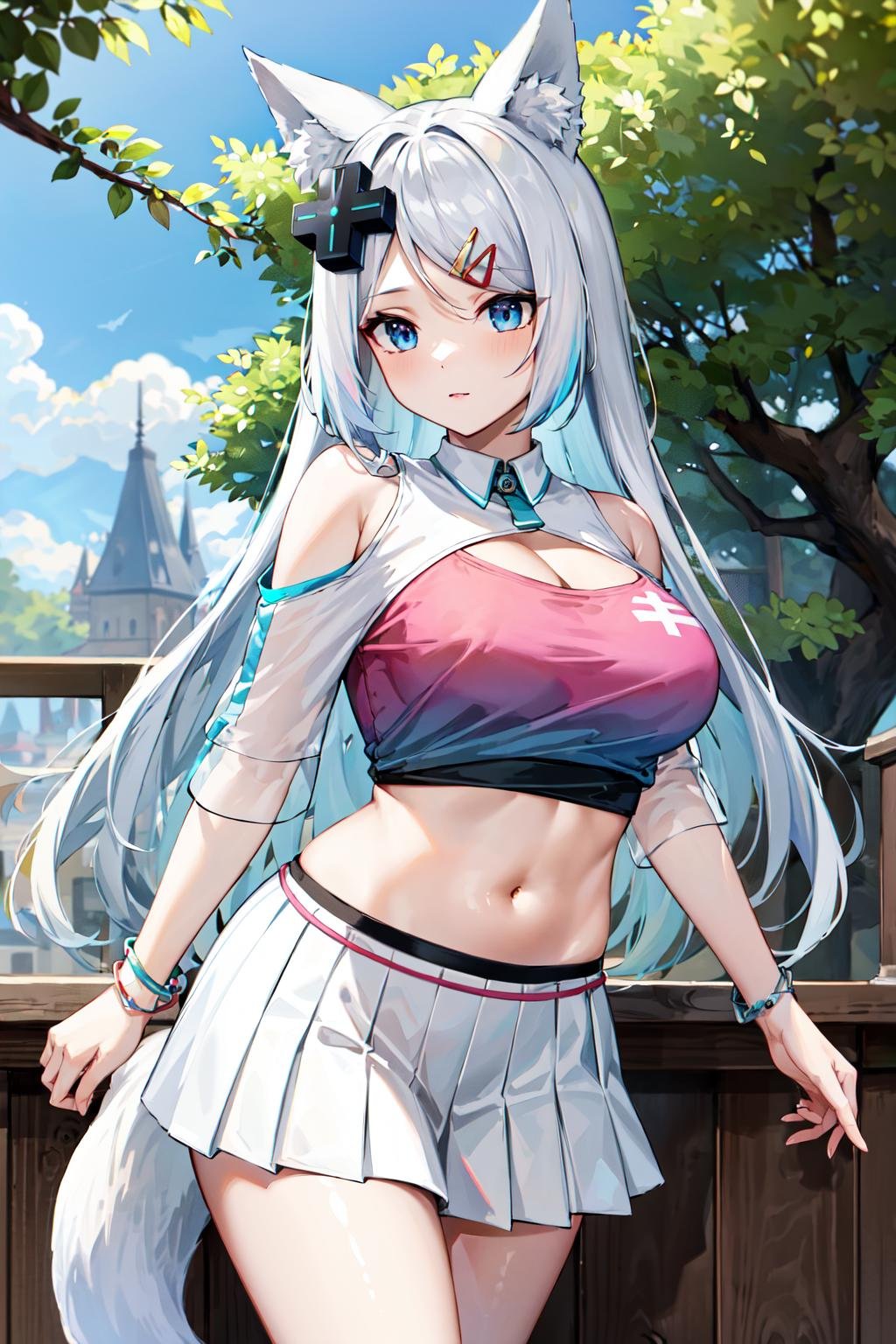 masterpiece, best quality, highres, mizuki \(vtuber\), 1girl, solo, animal ears, blue eyes, white skirt, pleated skirt, d-pad hair ornament, fox ears, hairclip, fox tail, miniskirt, pink shirt, multicolored hair, anklet, large breasts, white hair, very long hair, jewelry, bare shoulders, bangs, clothing cutout, see-through, blue hair, navel, <lora:mizuki_(vtuber)_v1:0.6>, cowboy shot, outdoors, 