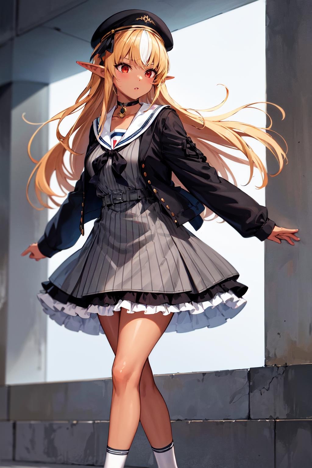 masterpiece, best quality, highres, shiranui flare, dark-skinned female, dark skin, solo, long hair, blonde hair, streaked hair, multicolored hair, dress, pointy ears, sidelocks, hat, grey dress, choker, shoes, striped, sailor collar, beret, elf, pinstripe pattern, black footwear, black choker, black jacket, long sleeves, sailor dress, red eyes, jacket, black headwear, socks, white sailor collar, ribbon, black ribbon, frills, bangs, vertical stripes, open clothes, striped dress, open jacket, short dress, vertical-striped dress, collarbone, breasts, white hair, pendant choker, two-tone hair, black dress <lora:shiranui_flare_v10:0.6>,