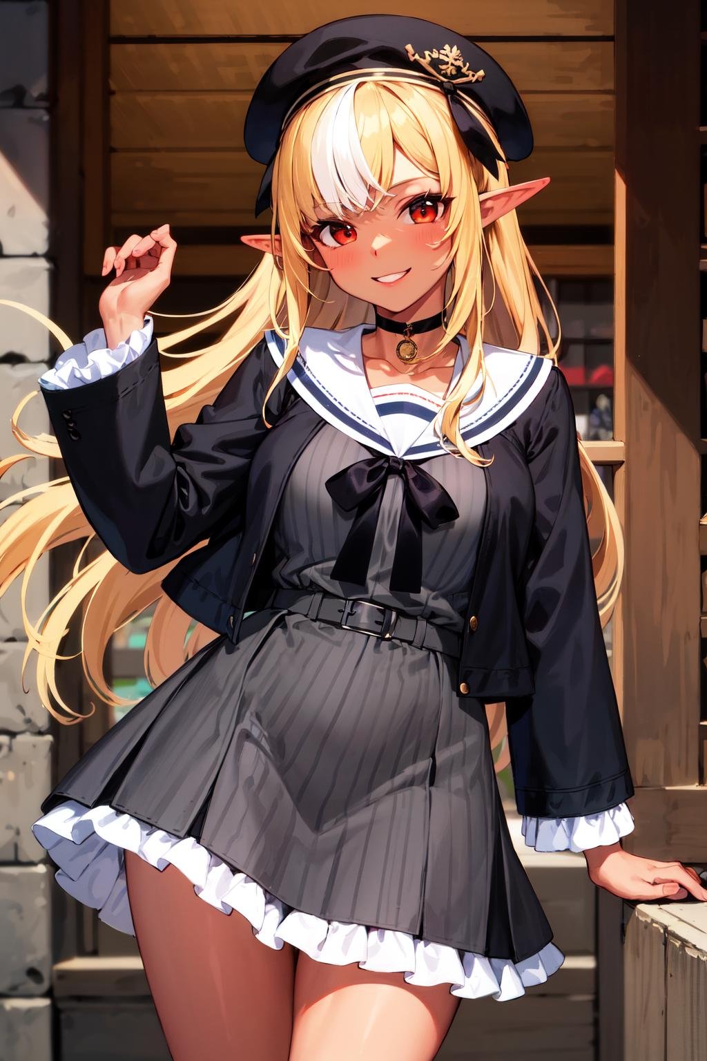 masterpiece, best quality, highres, shiranui flare, dark skin, solo, long hair, blonde hair, streaked hair, multicolored hair, pointy ears, sidelocks, grey dress, beret, elf, pinstripe pattern, black choker, black jacket, long sleeves, sailor dress, red eyes, socks, white sailor collar, black ribbon, frills, bangs, vertical stripes, open clothes, striped dress, open jacket, vertical-striped dress, collarbone, white hair, pendant choker, two-tone hair, black dress <lora:shiranui_flare_v10:0.6>, cowboy shot, smile,