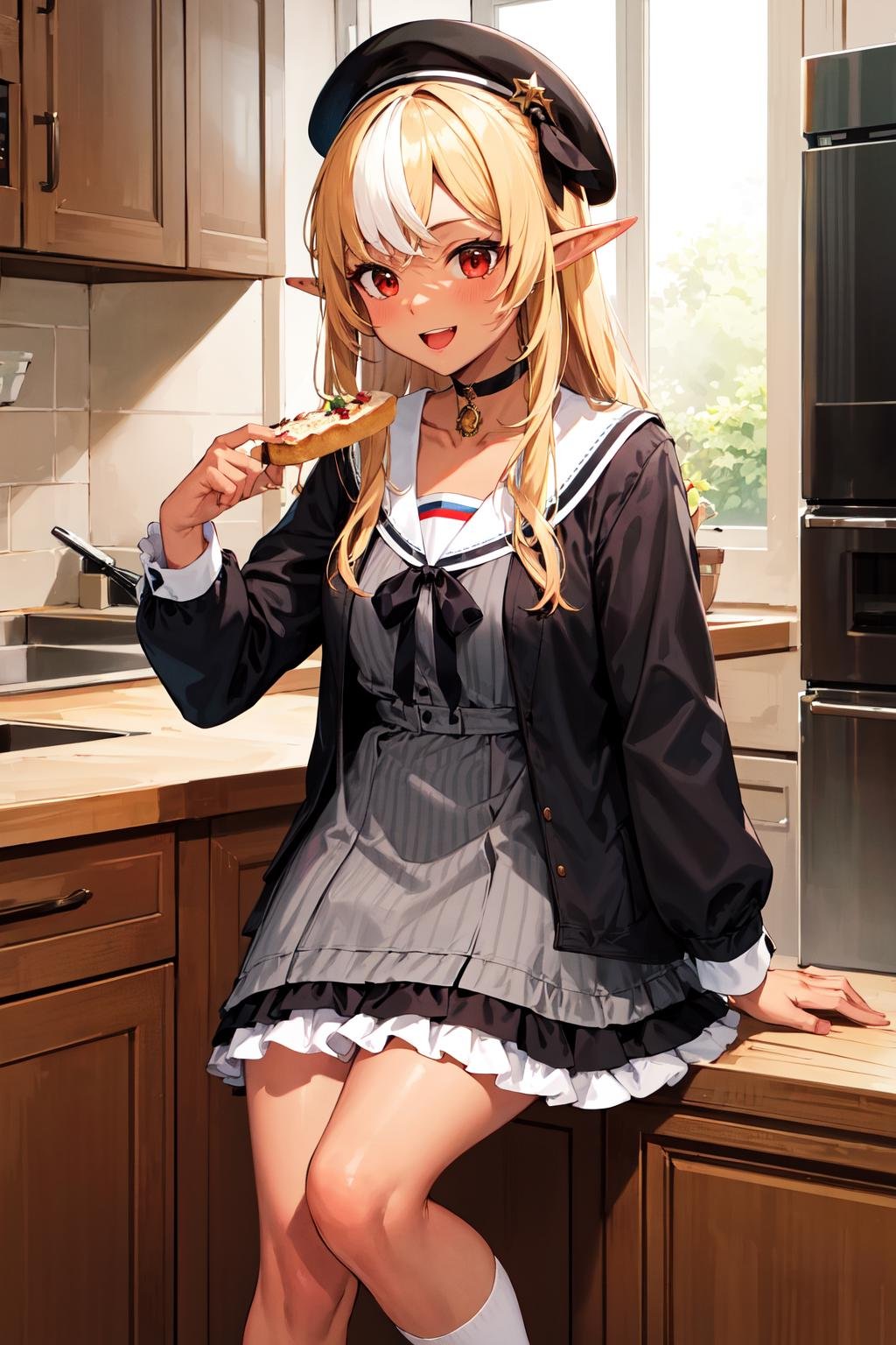 masterpiece, best quality, highres, shiranui flare, dark skin, solo, long hair, blonde hair, streaked hair, multicolored hair, pointy ears, sidelocks, grey dress, beret, elf, pinstripe pattern, black choker, black jacket, long sleeves, sailor dress, red eyes, socks, white sailor collar, black ribbon, frills, bangs, vertical stripes, open clothes, striped dress, open jacket, vertical-striped dress, collarbone, white hair, pendant choker, two-tone hair, black dress <lora:shiranui_flare_v10:0.6>, cowboy shot, indoors, kitchen, table, eating, food, open mouth, smile,