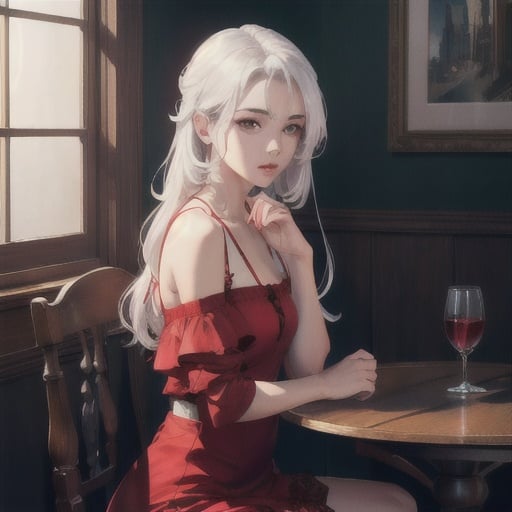 (8k, RAW photo, best quality, masterpiece:1.2), (realistic, photo-realistic:1.2)(raw photo) (extremely detailed CG unity 8k wallpaper) detailed and intricate, original,highres,[1girl:background:0.6]looking at viewer,upper body，red shidudou, sitting,fhyf,red dress,long hair,white hair,bare,yao,shidudou，sitting，hands on cheeks,attractive