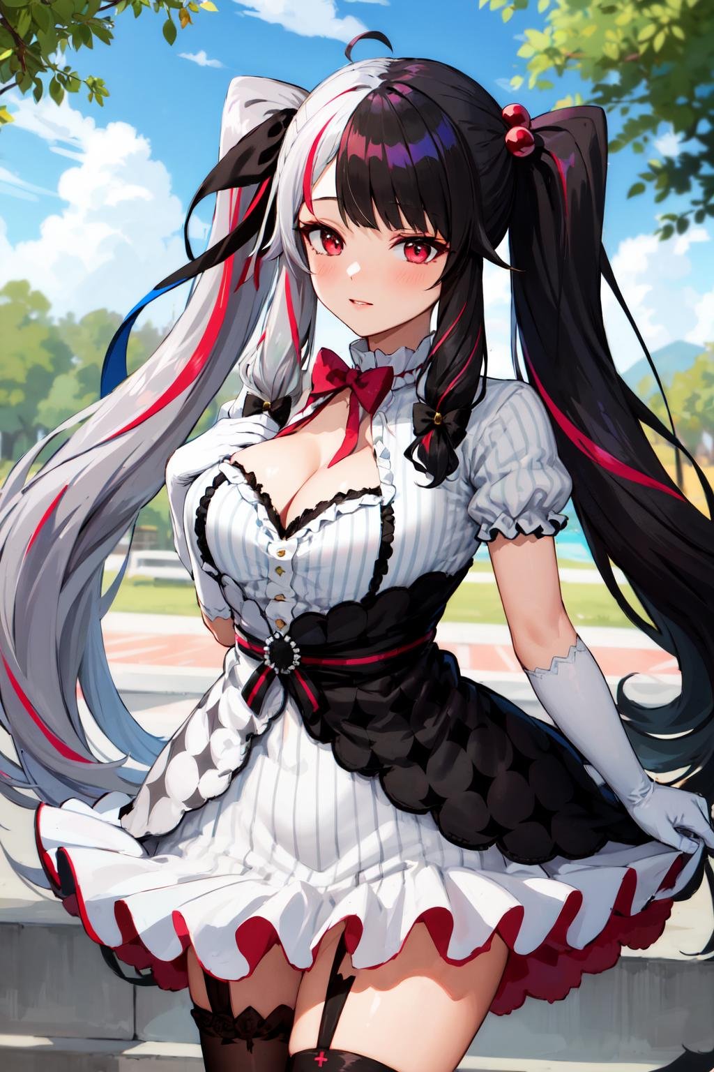 masterpiece, best quality, highres, rena1, 1girl, solo, multicolored hair, red eyes, black hair, white elbow gloves, split-color hair, streaked hair, twintails, white dress, two-tone hair, cleavage, hair ornament, ahoge, animal ear legwear, hair ribbon, mismatched legwear, bangs, grey hair, striped, red hair, black ribbon, two-tone dress, hair bobbles, vertical stripes, black bow, large breasts, very long hair, hair bow, <lora:yorumi_rena_v10:0.8>, cowboy shot, outdoors,