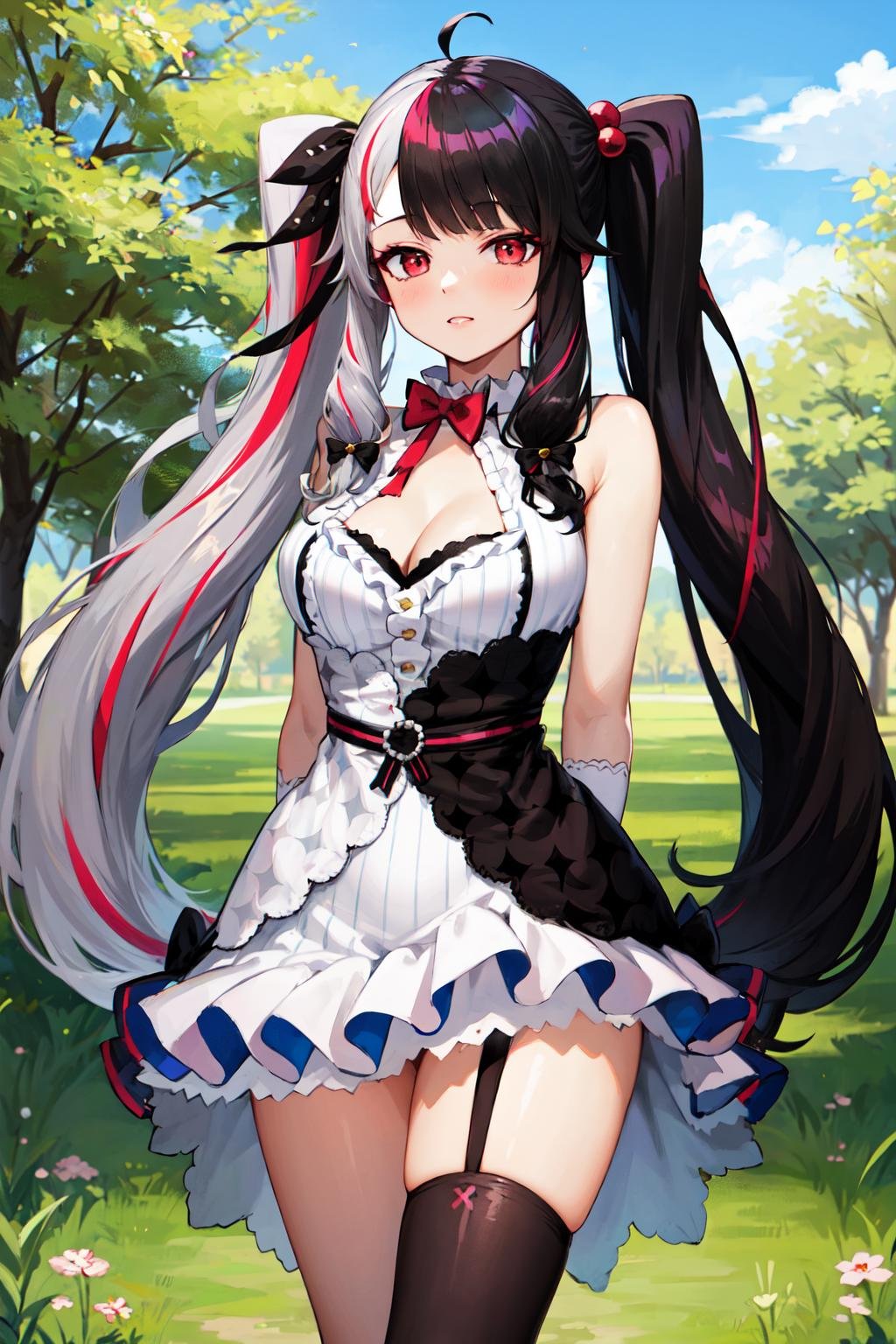 masterpiece, best quality, highres, rena1, 1girl, solo, multicolored hair, red eyes, black hair, white elbow gloves, split-color hair, streaked hair, twintails, white dress, two-tone hair, cleavage, hair ornament, ahoge, animal ear legwear, hair ribbon, mismatched legwear, bangs, grey hair, striped, red hair, black ribbon, two-tone dress, hair bobbles, vertical stripes, black bow, large breasts, very long hair, hair bow, <lora:yorumi_rena_v10:0.8>, cowboy shot, outdoors, arms behind back, walking, field,