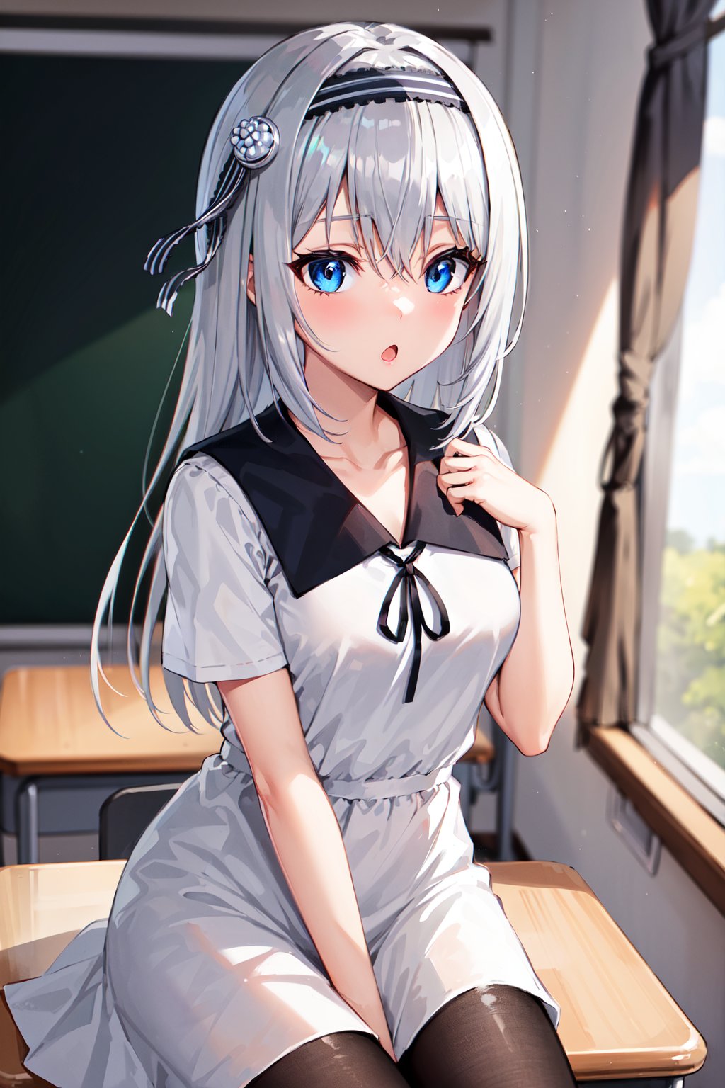 masterpiece,best quality, highres, kei1, 1girl, solo, blue eyes, long hair, white dress, short sleeves, ribbon, bangs, collarbone, grey hair, white skirt, hair ornament, black hairband, black pantyhose, neck ribbon, hair between eyes, medium breasts, sailor collar, <lora:shirogane_kei_v10:0.7>, sitting, classroom, :o