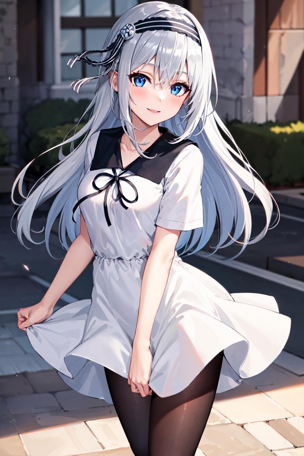 masterpiece,best quality, highres, kei1, 1girl, solo, blue eyes, long hair, white dress, short sleeves, ribbon, bangs, collarbone, grey hair, whte skirt, black hairband, black pantyhose, neck ribbon, hair between eyes, medium breasts, sailor collar, shoes, <lora:shirogane_kei_v10:0.7>, cowboy shot, smile, standing,