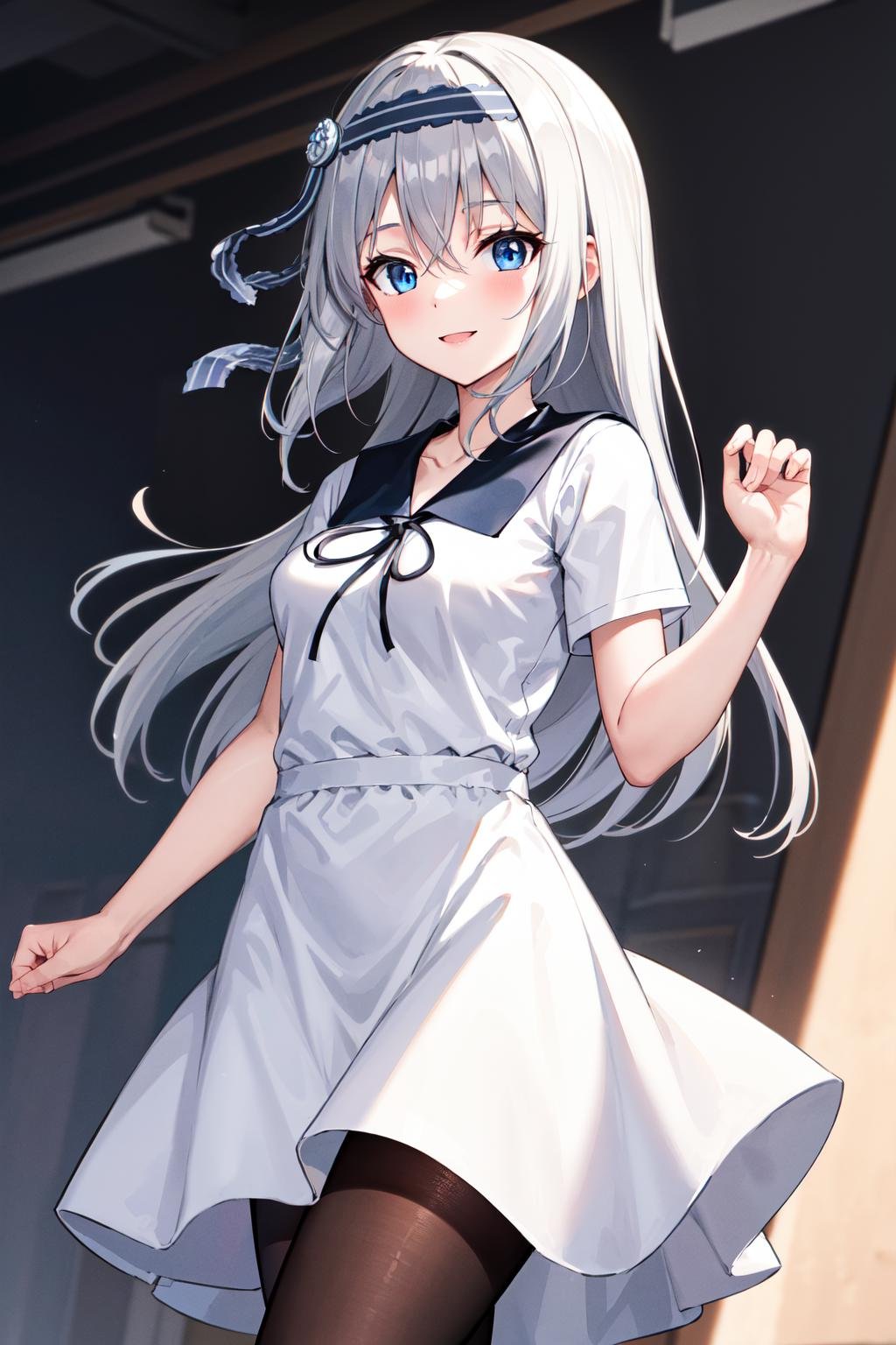 masterpiece,best quality, highres, kei1, 1girl, solo, blue eyes, long hair, white dress, short sleeves, ribbon, bangs, collarbone, grey hair, whte skirt, black hairband, black pantyhose, neck ribbon, hair between eyes, medium breasts, sailor collar, shoes, <lora:shirogane_kei_v10:0.7>, cowboy shot, smile, standing,