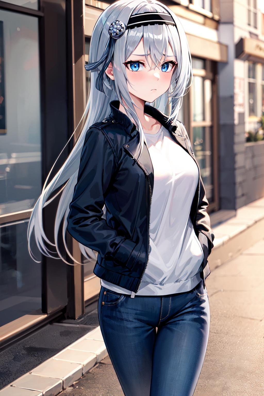 best quality, highres, kei1, 1girl, solo, blue eyes, long hair, bangs, grey hair, black hairband, hair ornament, hair between eyes, medium breasts,<lora:shirogane_kei_v10:0.7>, jacket, black jean, hands in pocket, frown, walking,