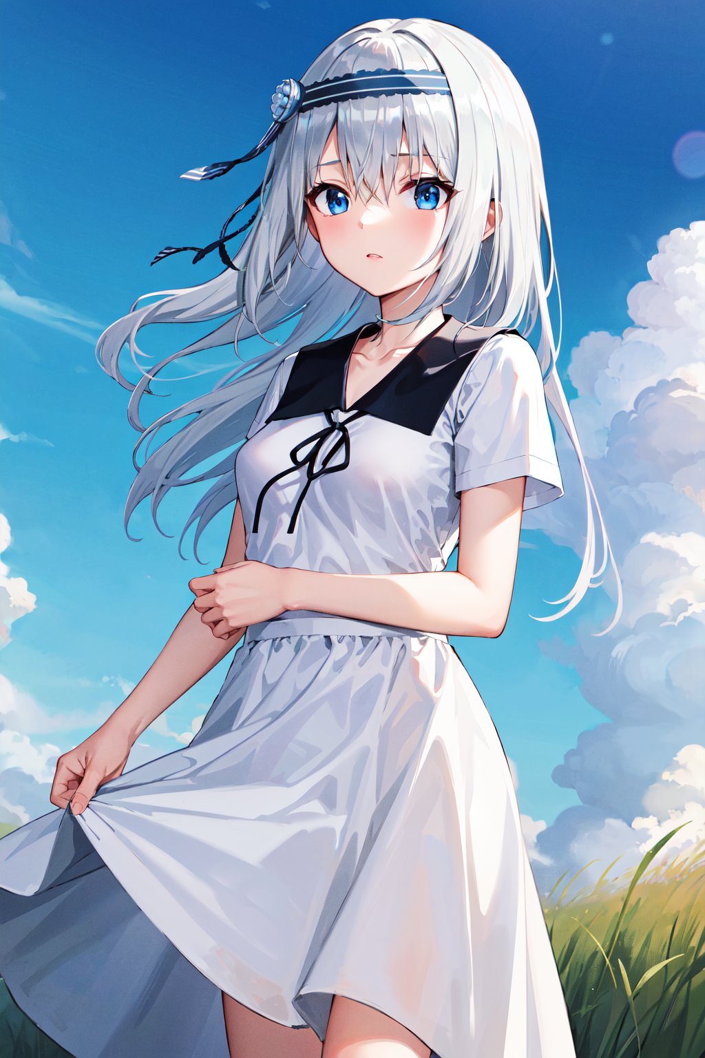 masterpiece,best quality, highres, kei1, 1girl, solo, blue eyes, long hair, white dress, short sleeves, ribbon, bangs, collarbone, grey hair, white skirt, hair ornament, black hairband, neck ribbon, hair between eyes, medium breasts, sailor collar, <lora:shirogane_kei_v10:0.7>, blue sky, standing, grass,