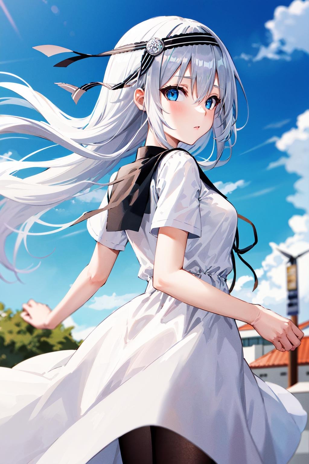 masterpiece,best quality, highres, kei1, 1girl, solo, blue eyes, long hair, white dress, short sleeves, ribbon, bangs, collarbone, grey hair, white skirt, hair ornament, black hairband, black pantyhose, neck ribbon, hair between eyes, medium breasts, sailor collar, <lora:shirogane_kei_v10:0.7>, from behind, outdoors, (wind:1.4), panties:1.3)