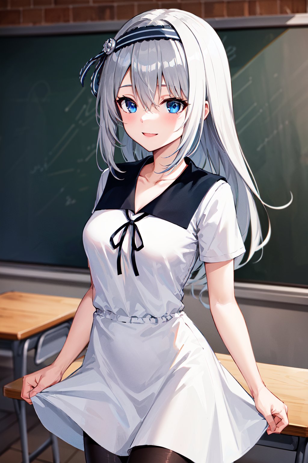 masterpiece,best quality, highres, kei1, 1girl, solo, blue eyes, long hair, white dress, short sleeves, ribbon, bangs, collarbone, grey hair, white skirt, black hairband, black pantyhose, neck ribbon, hair between eyes, medium breasts, sailor collar, <lora:shirogane_kei_v10:0.7>, cowboy shot, classroom, smile,