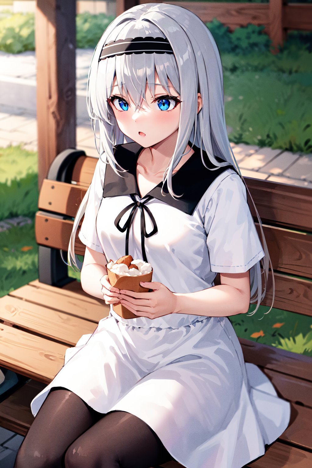 masterpiece,best quality, highres, kei1, 1girl, solo, blue eyes, long hair, white dress, short sleeves, ribbon, bangs, collarbone, grey hair, whte skirt, black hairband, black pantyhose, neck ribbon, hair between eyes, medium breasts, sailor collar, <lora:shirogane_kei_v10:0.7>, sitting, outdoors, bench, food, eating