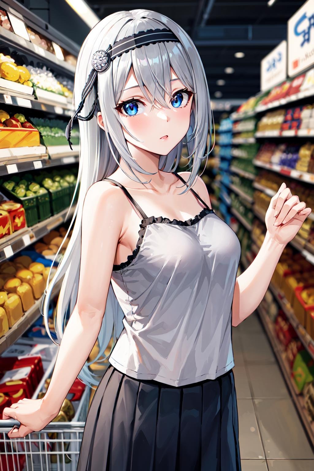 best quality, highres, kei1, 1girl, solo, blue eyes, long hair, bangs, grey hair, black hairband, hair ornament, hair between eyes, medium breasts,<lora:shirogane_kei_v10:0.7>, shopping, supermarket, white camisole, pleated skirt, bare arms, 