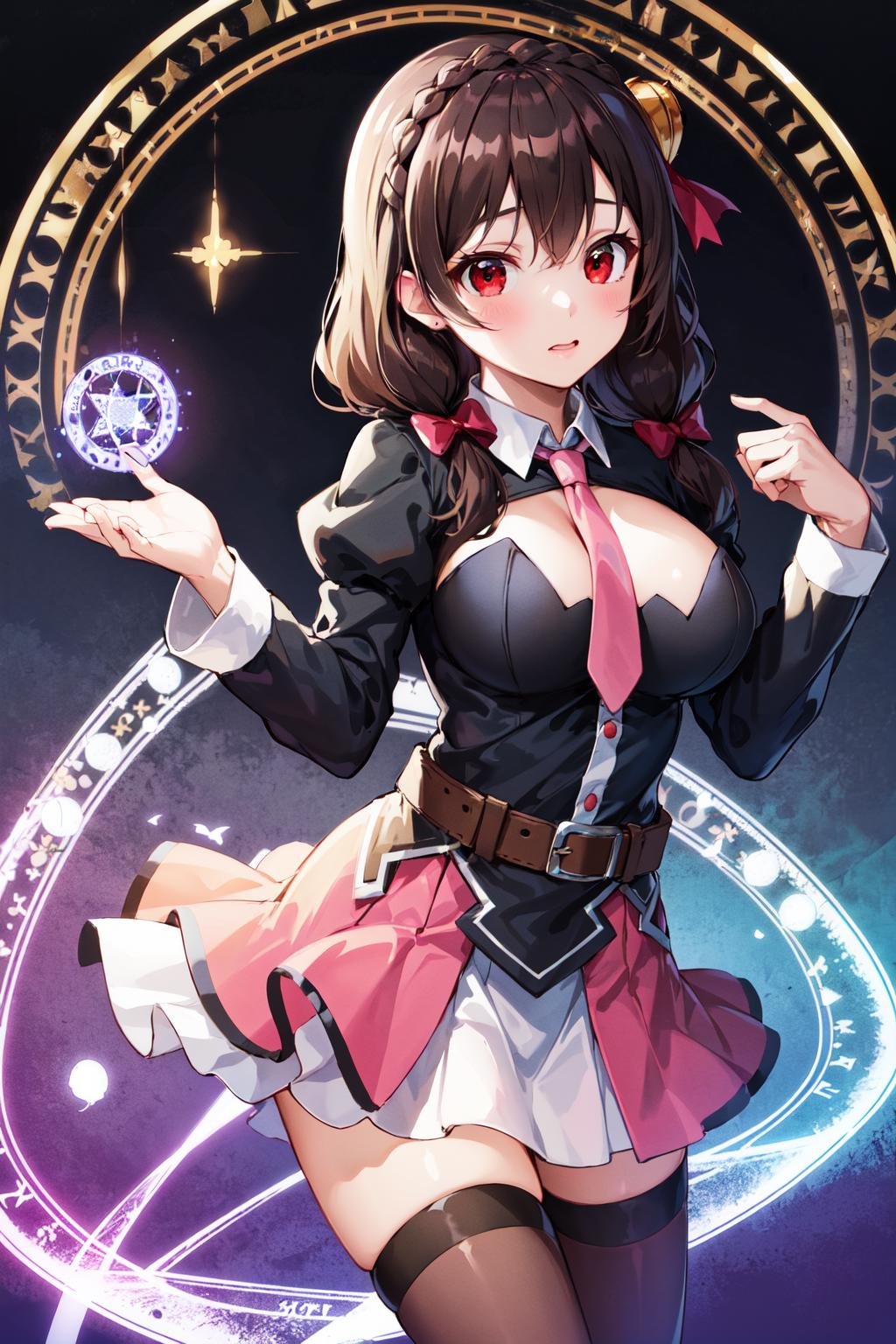 masterpiece, best quality, highres, yunyun1, 1girl, red eyes, solo, thighhighs, necktie, skirt, braid, long hair, pink necktie, large breasts, belt, hair ornament, black hair, hair bow, crown braid, long sleeves, brown hair, twintails, <lora:yunyun_v1:0.6>, spell, magic circle, hand up, field, 