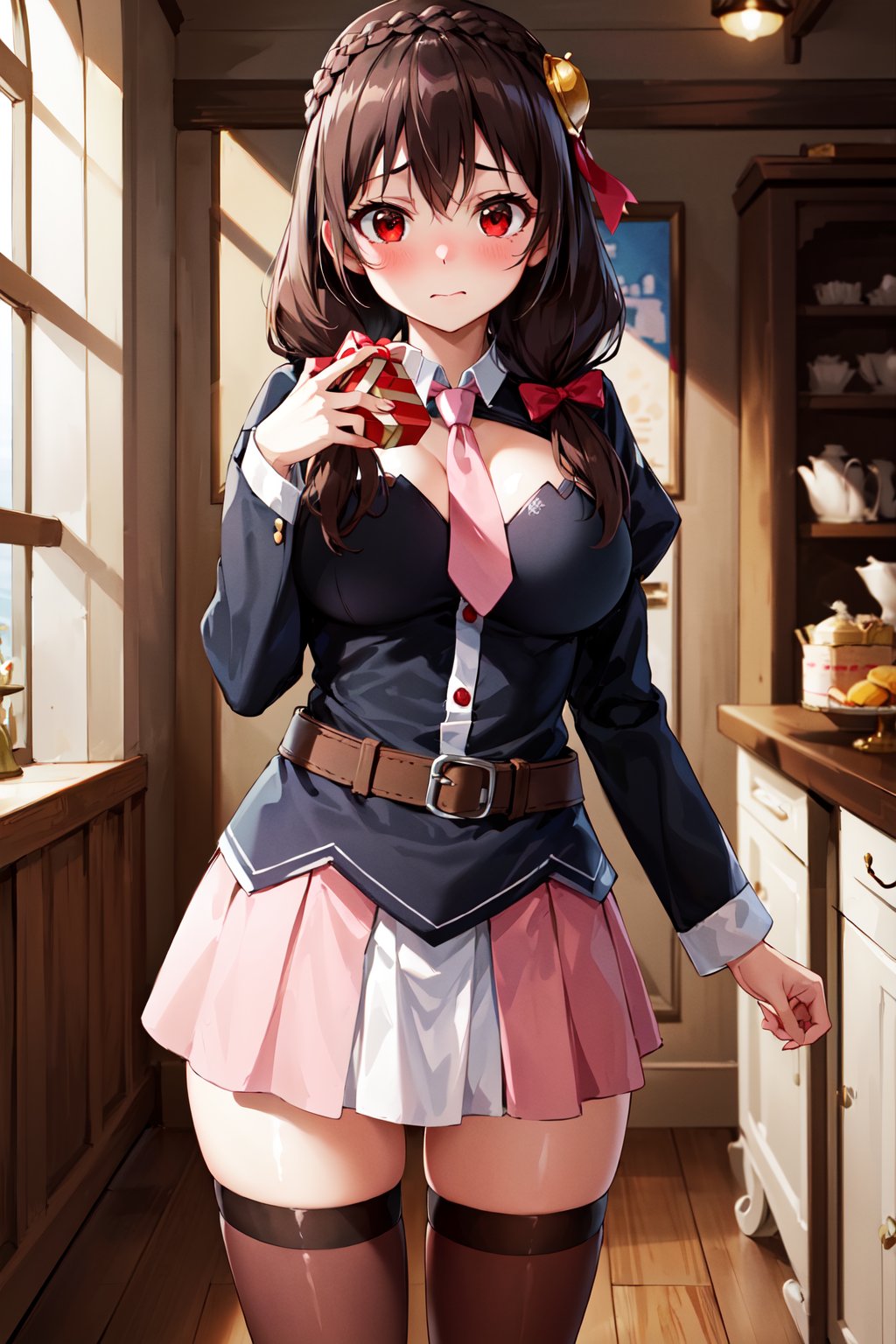 masterpiece, best quality, highres, yunyun1, 1girl, red eyes, solo, thighhighs, necktie, skirt, braid, long hair, pink necktie, large breasts, belt, hair ornament, black hair, hair bow, crown braid, long sleeves, brown hair, twintails, <lora:yunyun_v1:0.6>, holding gift, embarrassed, standing, cowboy shot