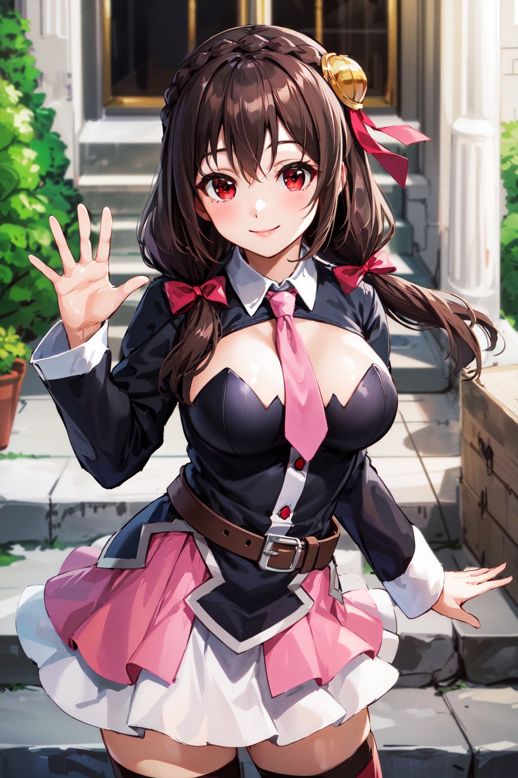 masterpiece, best quality, highres, yunyun1, 1girl, red eyes, solo, thighhighs, necktie, skirt, braid, long hair, pink necktie, large breasts, belt, hair ornament, black hair, hair bow, crown braid, long sleeves, brown hair, twintails, <lora:yunyun_v1:0.6>, waving, smile, outdoors,