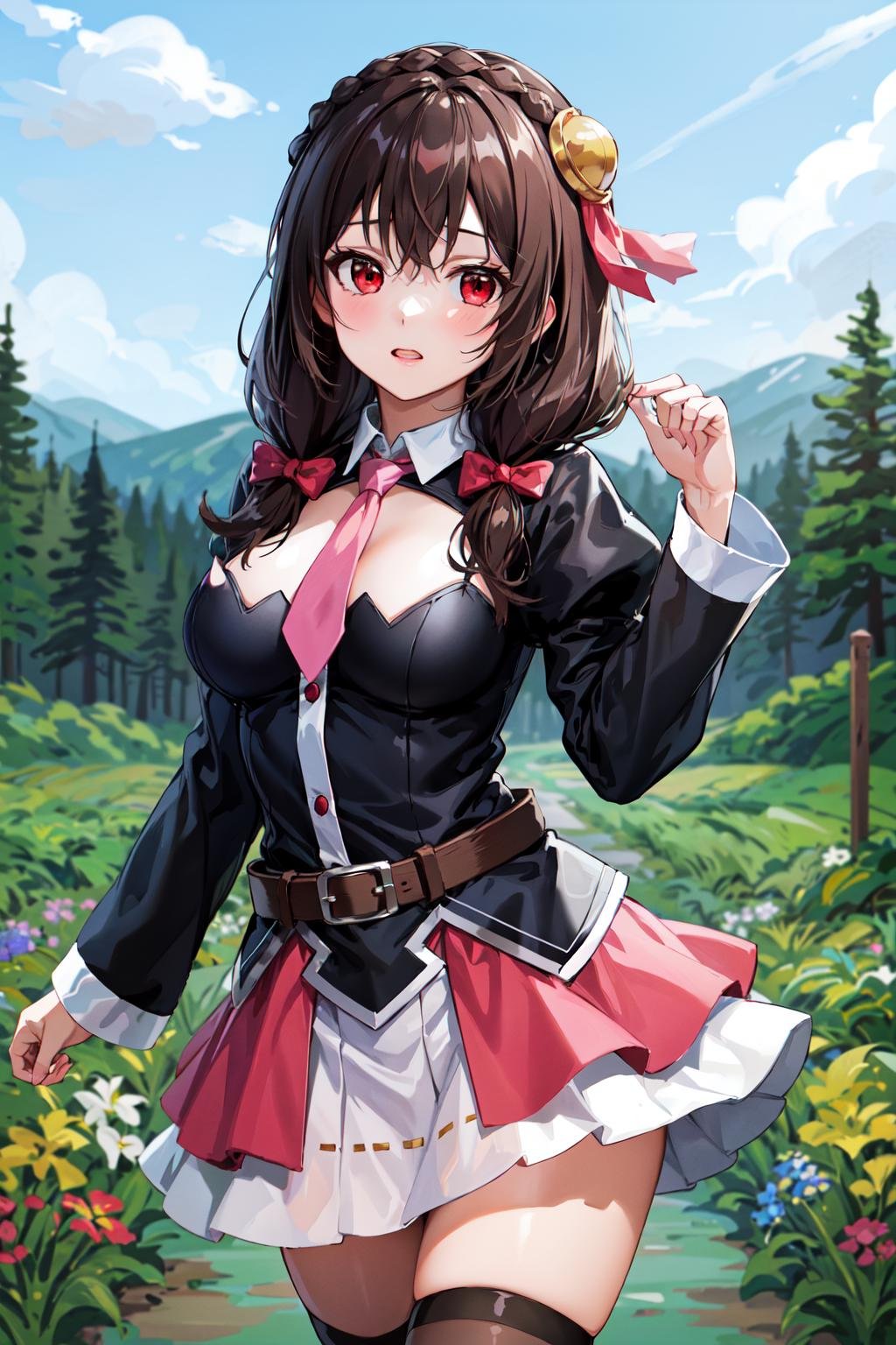 masterpiece, best quality, highres, yunyun1, 1girl, red eyes, solo, thighhighs, necktie, skirt, braid, long hair, pink necktie, large breasts, belt, hair ornament, black hair, hair bow, crown braid, long sleeves, brown hair, twintails, <lora:yunyun_v1:0.6>, spell, magic circle, hand up, field, 