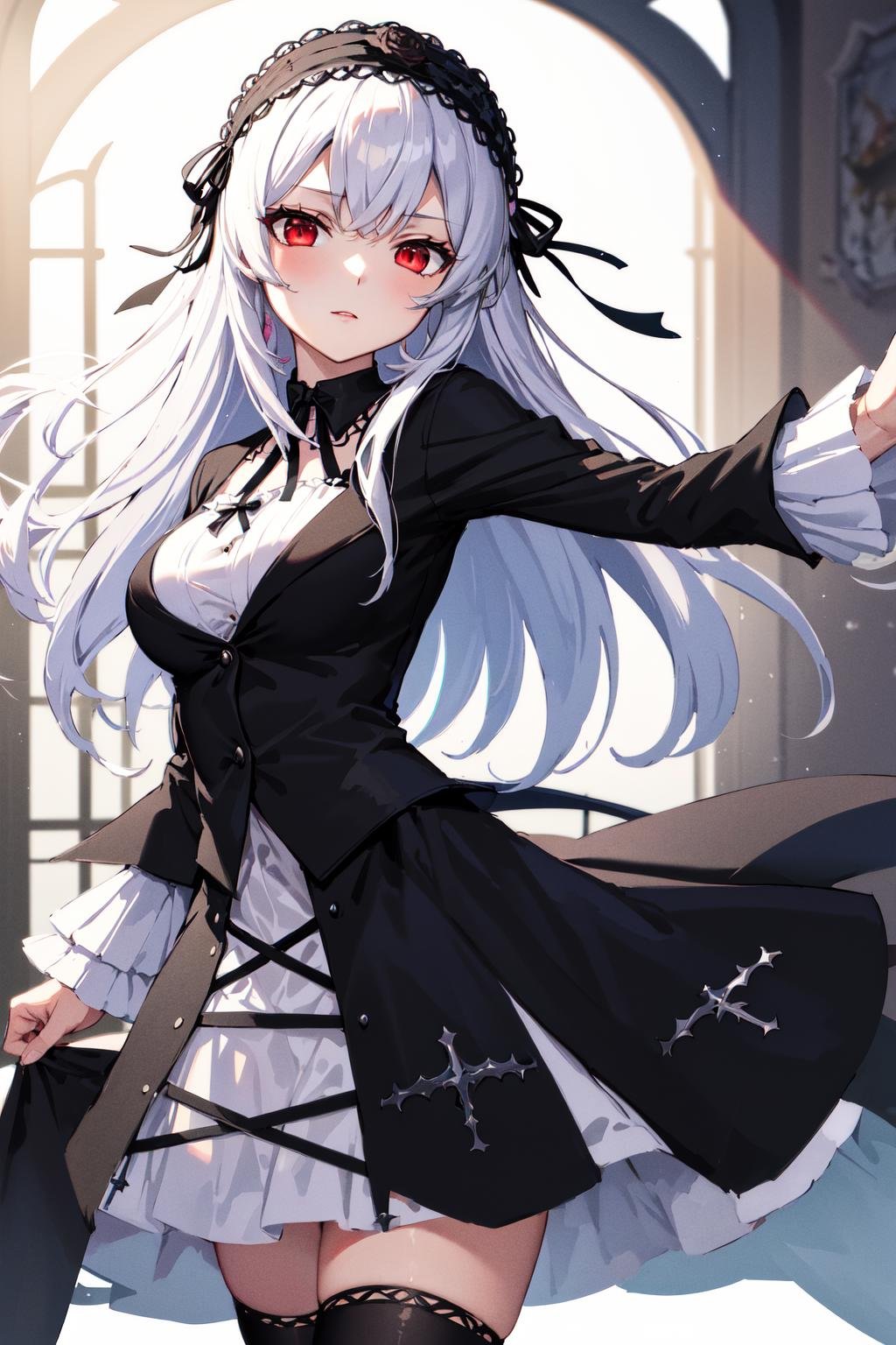 masterpiece, best quality, highres, sui1, 1girl, solo, suigintou, red eyes, long hair, gothic dress, white hair, rose hair ornament, long sleeves, gothic hairband, ribbon, black dress, black wings, <lora:suigintou_v1:0.6>, cowboy shot, scornful,