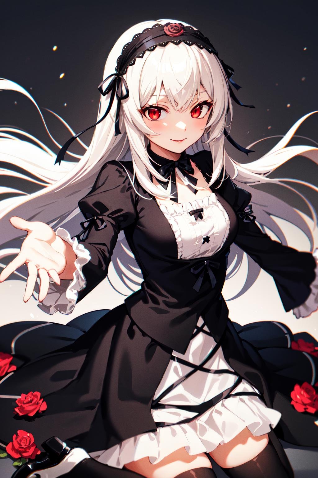 masterpiece, best quality, highres, sui1, 1girl, solo, suigintou, red eyes, long hair, gothic dress, white hair, rose hair ornament, long sleeves, gothic hairband, ribbon, black dress, black wings, <lora:suigintou_v1:0.6>, cowboy shot, wariza, smile, reaching out, spread arms,