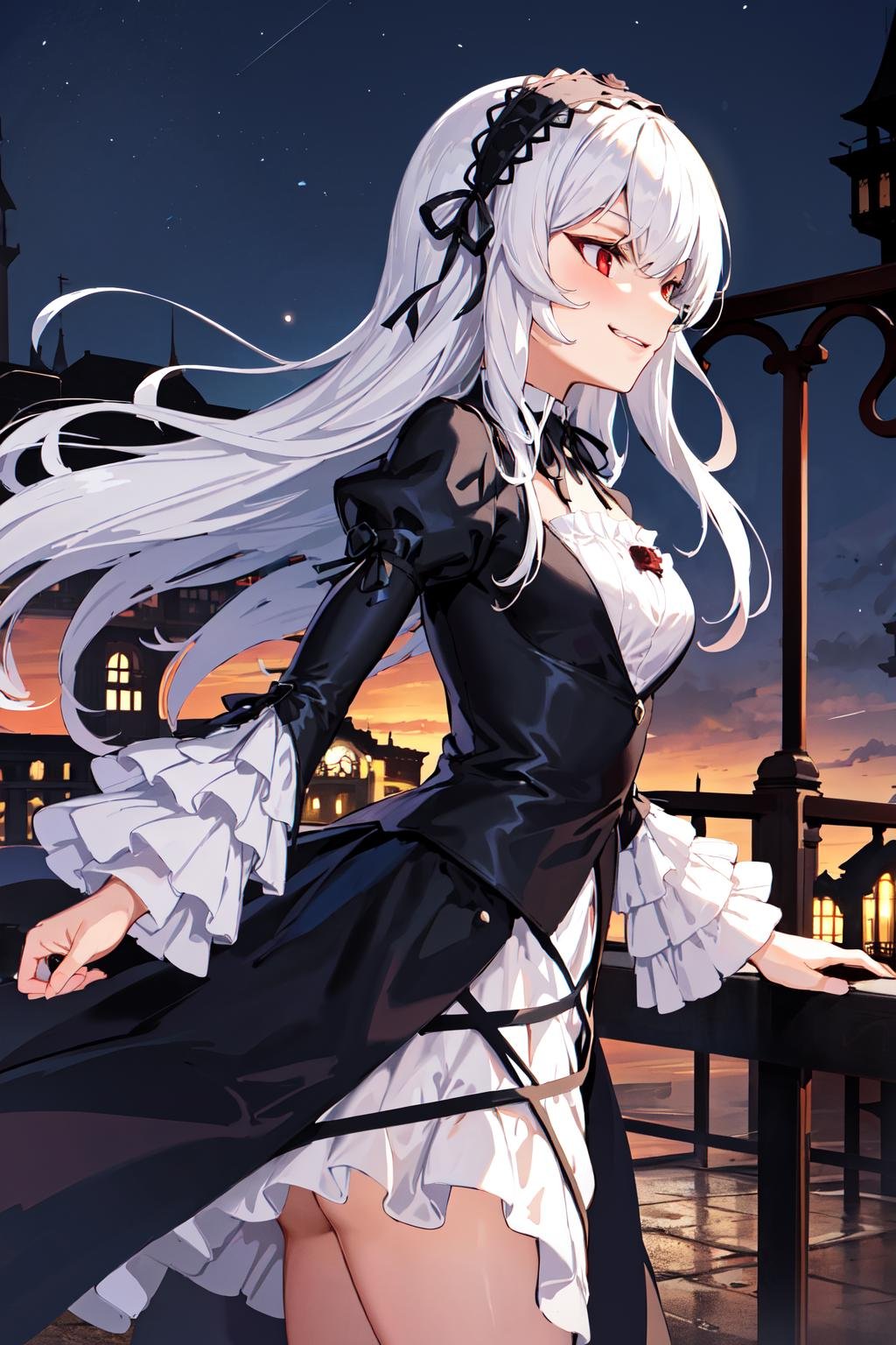 masterpiece, best quality, highres, sui1, 1girl, solo, suigintou, red eyes, long hair, gothic dress, white hair, rose hair ornament, long sleeves, gothic hairband, ribbon, black dress, black wings, <lora:suigintou_v1:0.6>, cowboy shot, smirk, from side, night, castle