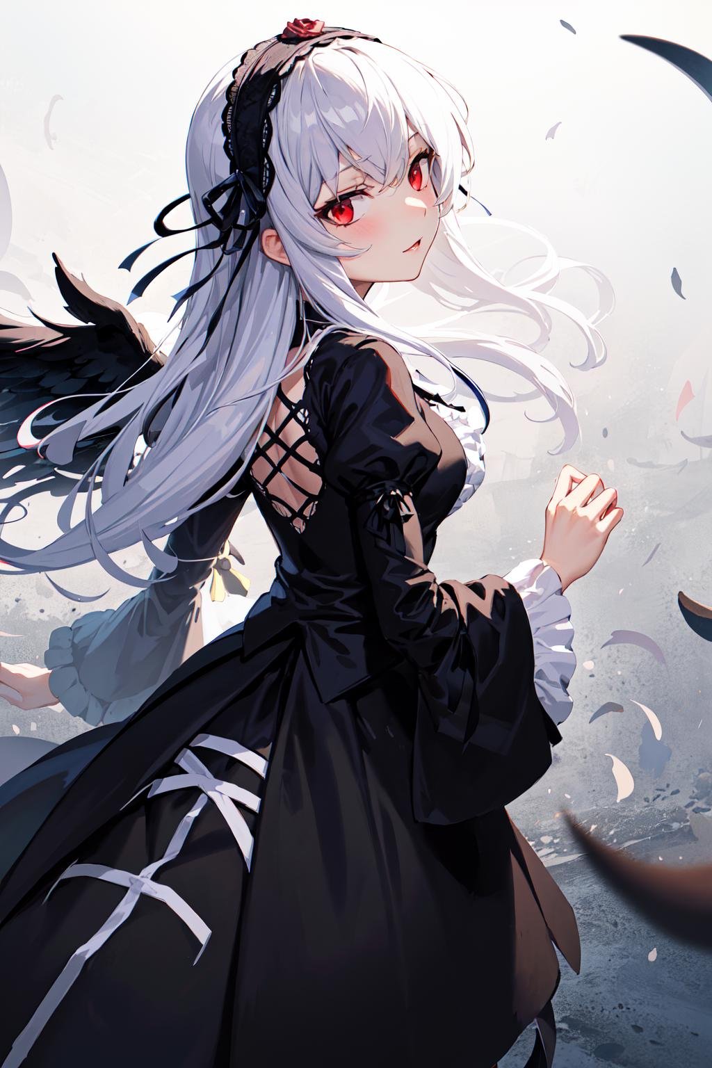masterpiece, best quality, highres, sui1, 1girl, solo, suigintou, red eyes, long hair, gothic dress, white hair, rose hair ornament, long sleeves, gothic hairband, ribbon, black dress, black wings, <lora:suigintou_v1:0.6>, from behind,