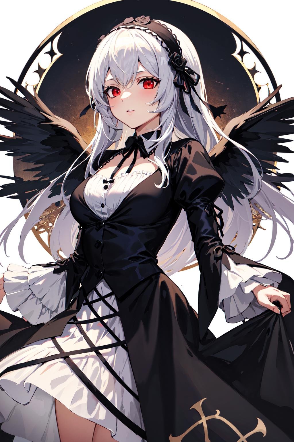 masterpiece, best quality, highres, sui1, 1girl, solo, suigintou, red eyes, long hair, gothic dress, white hair, rose hair ornament, long sleeves, gothic hairband, ribbon, black dress, black wings, <lora:suigintou_v1:0.6>, cowboy shot, command spell, black magic, black circle,