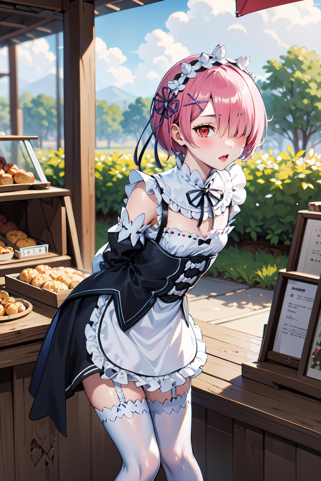 masterpiece, best quality, highres, ram1, 1girl, solo, ram \(re:zero\), pink hair, white thighhighs, short hair, red eyes, hair over one eye, ribbon trim, hair ribbon, x hair ornament, frills, maid headdress, waist apron, garter straps, black ribbon, small breasts, long sleeves, white apron, neck ribbon, purple ribbon, wide sleeves, hair flower, <lora:ram_rezero_v1:0.6>, outdoors, market stall, leaning forward, arms behind back, 
