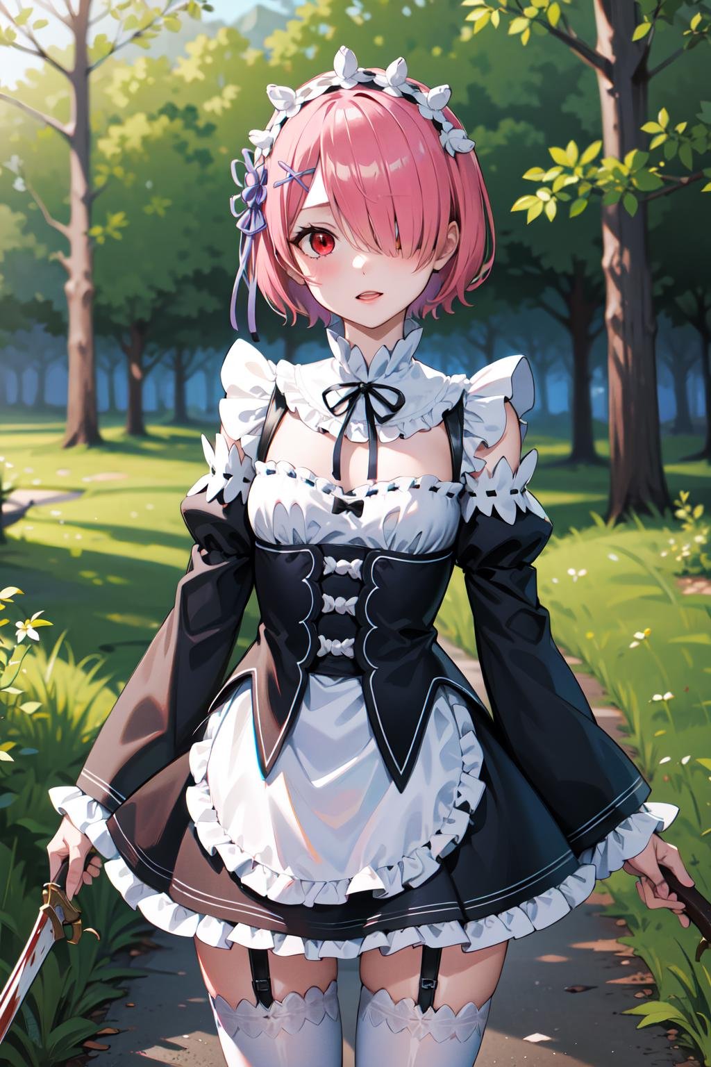 masterpiece, best quality, highres, ram1, 1girl, solo, ram \(re:zero\), pink hair, white thighhighs, short hair, red eyes, hair over one eye, ribbon trim, hair ribbon, x hair ornament, frills, maid headdress, waist apron, garter straps, black ribbon, small breasts, long sleeves, white apron, neck ribbon, purple ribbon, wide sleeves, hair flower, <lora:ram_rezero_v1:0.6>, holding weapon, outdoors, night, forest, torn clothes, blood on clothes, injury,