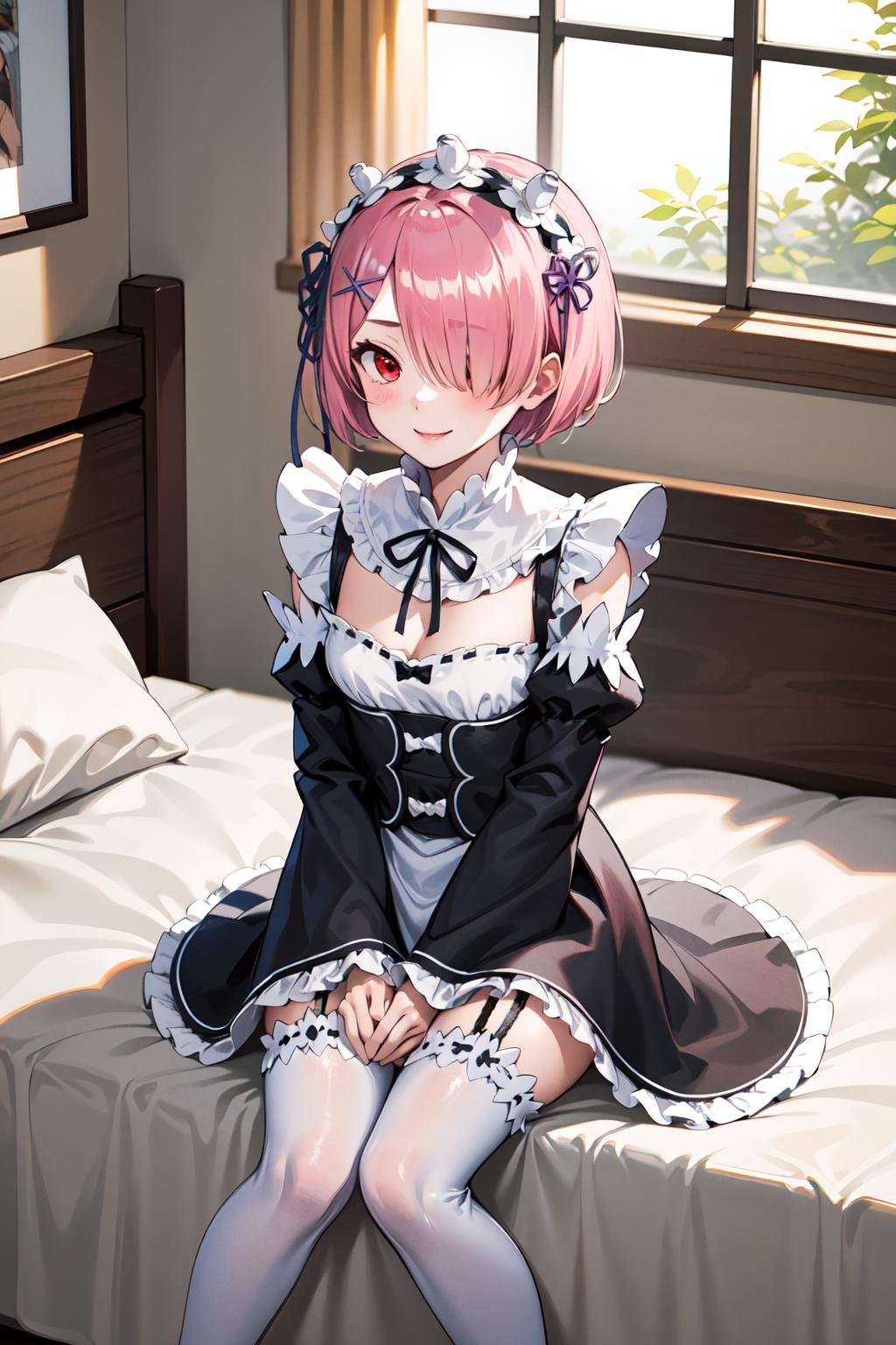 masterpiece, best quality, highres, ram1, 1girl, solo, ram \(re:zero\), pink hair, white thighhighs, short hair, red eyes, hair over one eye, ribbon trim, hair ribbon, x hair ornament, frills, maid headdress, waist apron, garter straps, black ribbon, small breasts, long sleeves, white apron, neck ribbon, purple ribbon, wide sleeves, hair flower, <lora:ram_rezero_v1:0.6>, smile, bed, hands on own knees, standing, own hands together, 