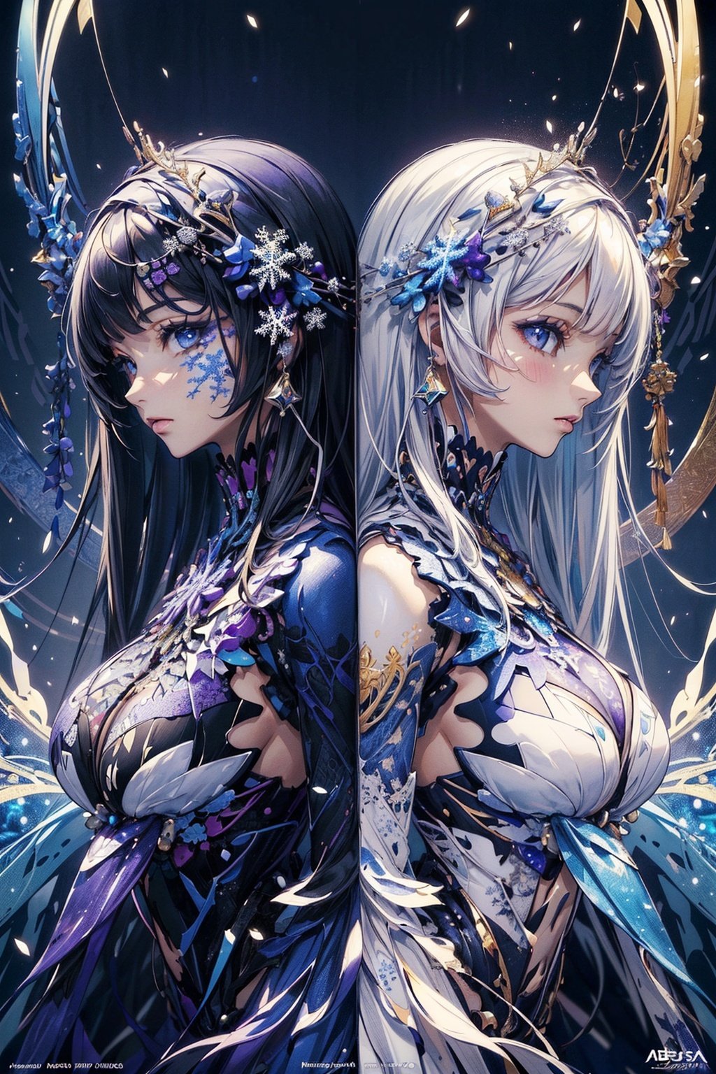 (masterpiece, top quality, best quality, official art, beautiful and aesthetic:1.2),(1girl),extreme detailed,(fractal art:1.3),colorful,highest detailed..,Purple,White,Blue,Chest,Abdomen,Snowflakes falling,(whole body:1.5),a face,(Only one face.:1.1),.