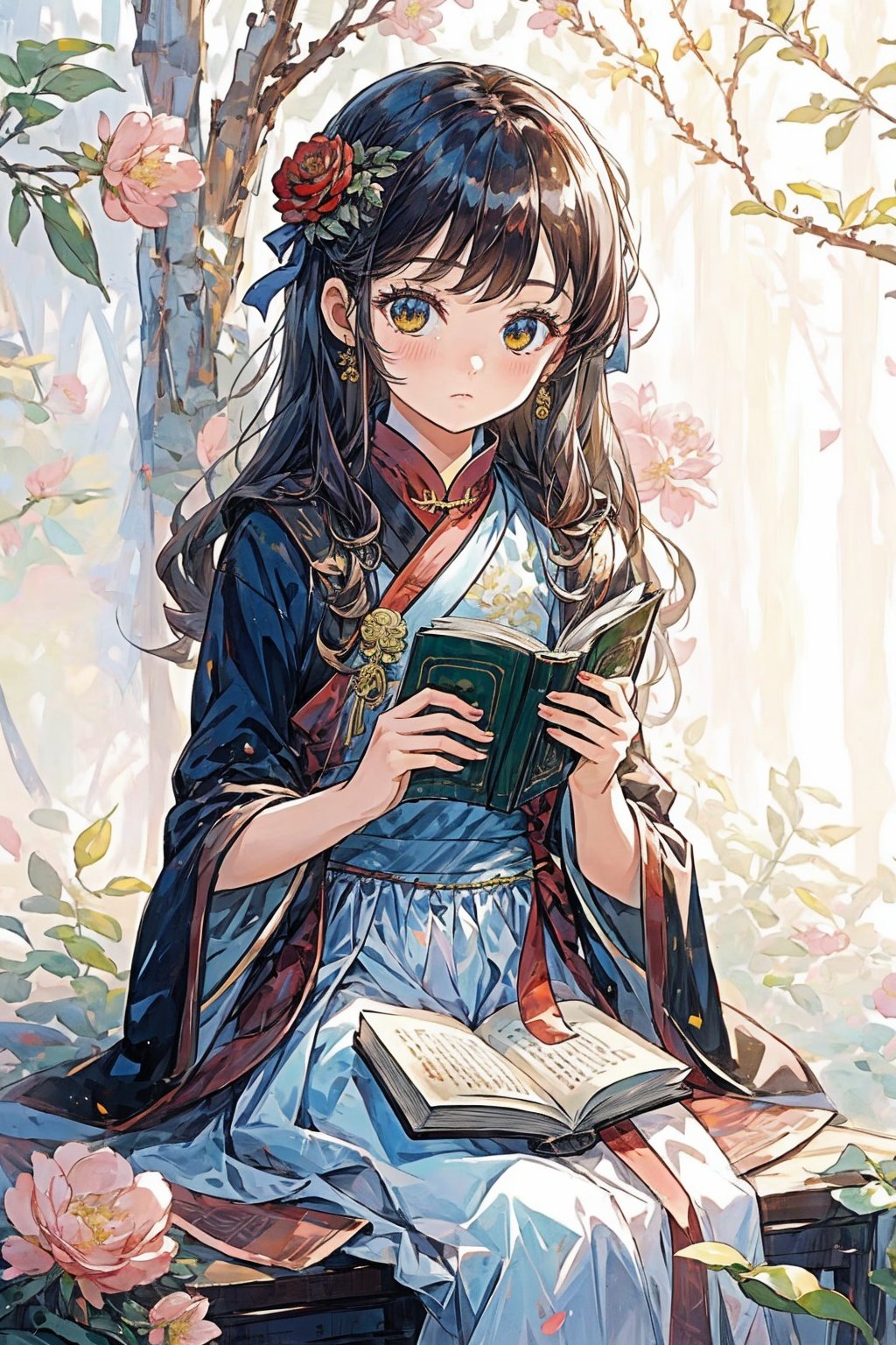 The girl in the file is reading a book, and she looks sweet and cute,loli,petety,1girl,masterpiece,best quality,guijia,1boy,solo,manzhu,1boy,solo,shidudou,nijistyle, bush, day, dress, forest, fountai,flower