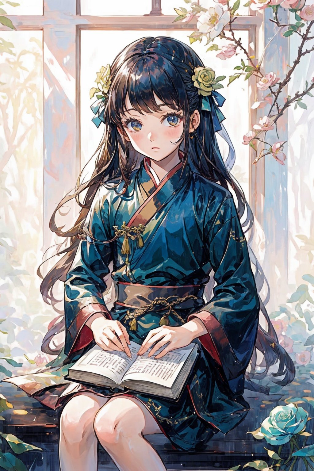 The girl in the file is reading a book, and she looks sweet and cute,loli,petety,1girl,masterpiece,best quality,guijia,1boy,solo,manzhu,1boy,solo,shidudou,nijistyle, bush, day, dress, forest, fountai,flower