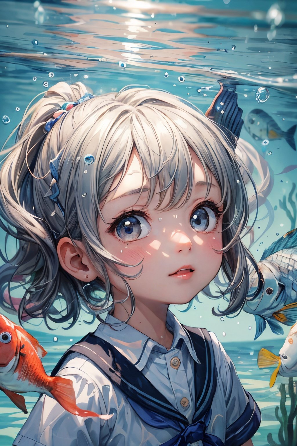 loli,(child),(toddler),(petite),(cute face),abstract background,(illustration:1.0), masterpiece, best quality, detailed face and eyes,1 girl, school uniform, underwater hair physics, air bubbles, light coming through water, reflections , laying in water, split layers of water, school of fish,.