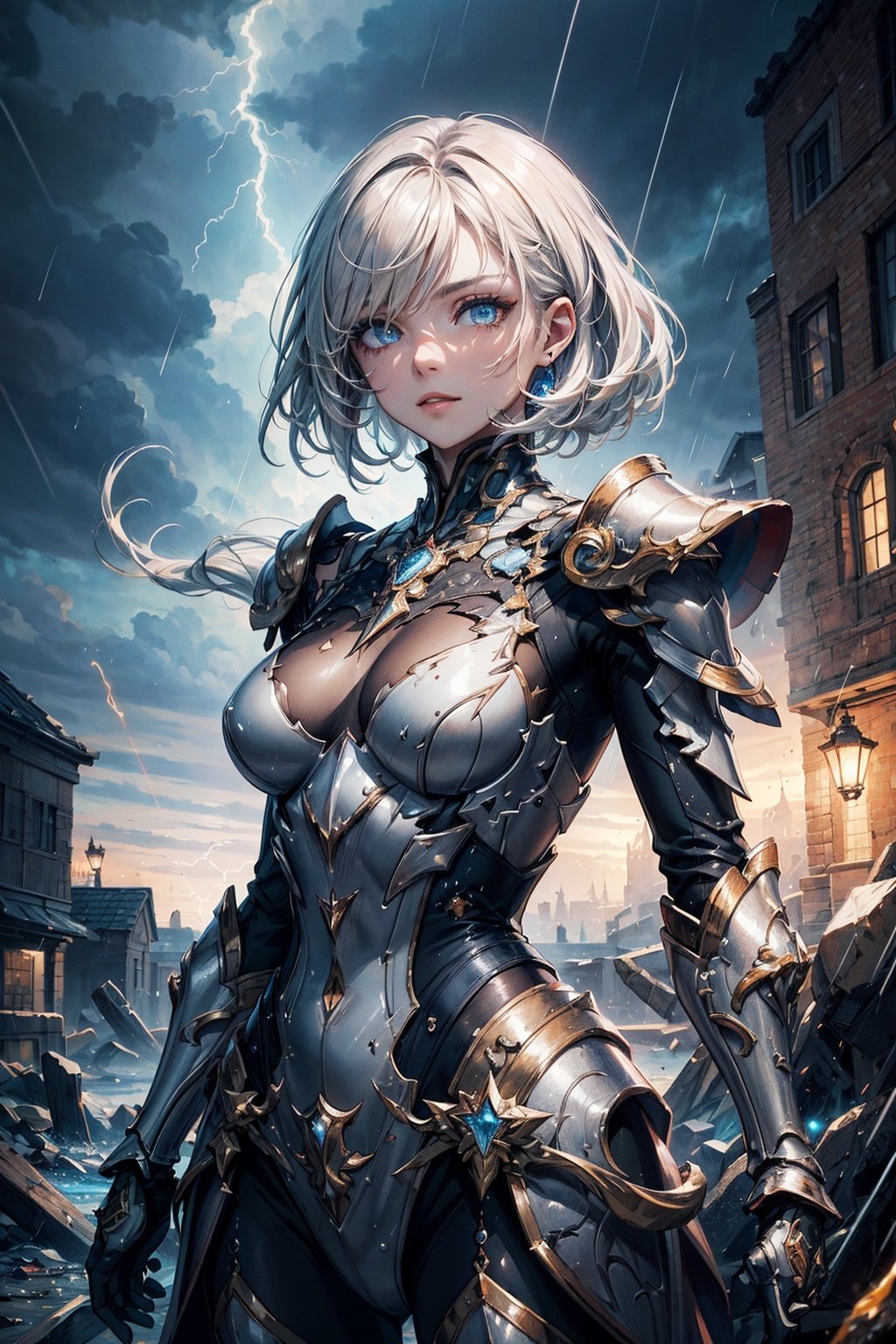 8k,intricate,elegant,highly detailed,majestic,digital photography,cowboy shot,surreal painting,broken glass,(masterpiece, sidelighting, finely detailed beautiful eyes:1.2),hdr,void3nergy lightning storm,woman,wearing regal battle armor,raining,beautiful,facing viewer t,masterpiece,upper body,.