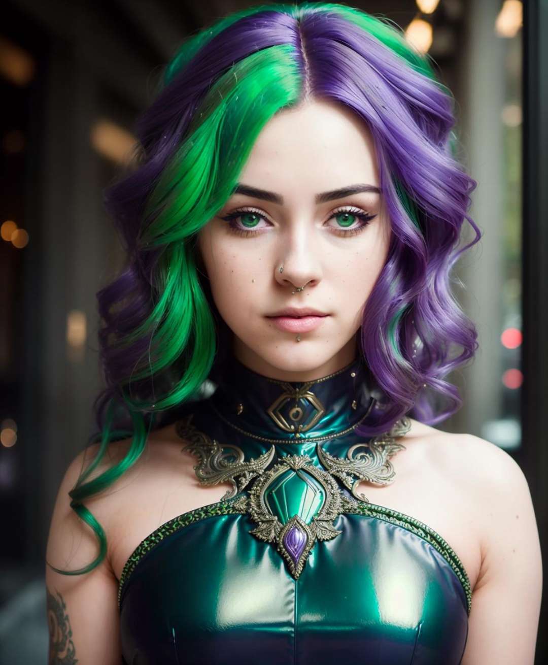 an award winning portrait of a seductive (hlfcol haired girl with green and purple hair), Metallic dress dress, hyper realistic, detailed, intricate, insane fine details, cinematic lighting, professional photoshoot, art by and mooncryptowow    <lora:hlfcol:0.8>