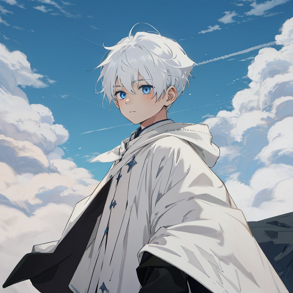 masterpiece, best quality, child, cloak, Sky, 1boy,  <lora:Sky-000006:0.7>,blue eyes, white hair,