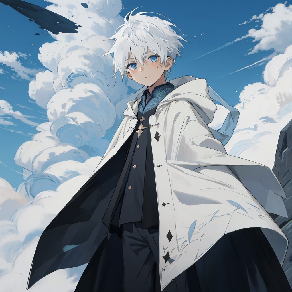 masterpiece, best quality, child, cloak, Sky, 1boy,  <lora:Sky-000006:0.7>,blue eyes, white hair,