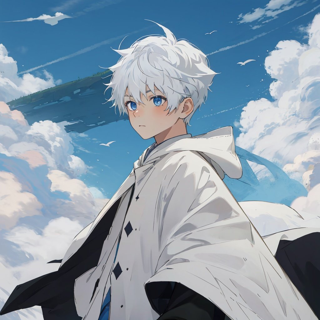 masterpiece, best quality, child, cloak, Sky, 1boy,  <lora:Sky-000006:0.7>,blue eyes, white hair,