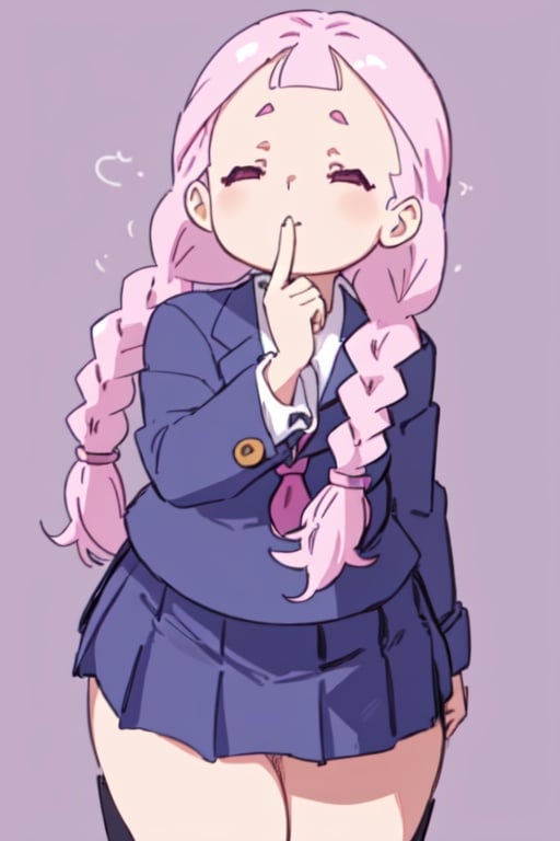 1girl, pink hair, two braids, closed eyes, small bangs, thick teen, plump, school uniform