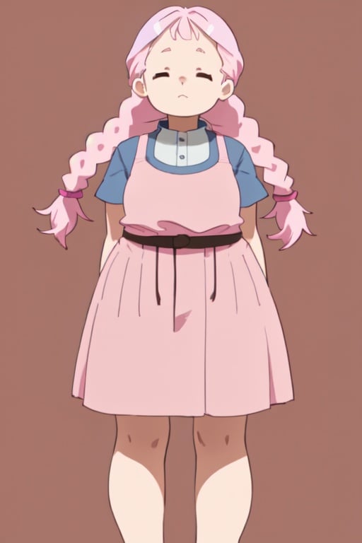 1girl, pink hair, two braids, brown closed eyes, small bangs, plump, tall girl,