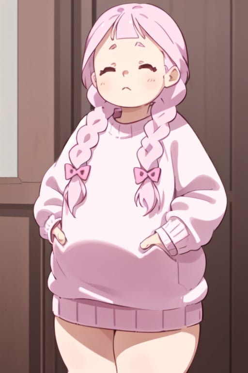 1girl, pink hair, two braids, closed eyes, small bangs, thick teen, plump, sweater