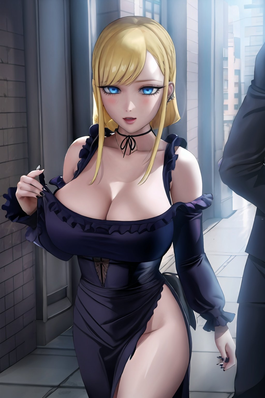 1boy, 1girl, masterpiece, high quality, intricate details, extremely detailed, 4k, (solo), pixiv, cg, black dress, bare shoulders, large breasts, frills, long sleves, cleaveage, off shoulder dress, hood, black choker, long hair, black nails, cross earrings, wide slevees, blue eyes, blonde hair, alice , <lora:alice-09:0.8>, walking, city, street, <lora:sakimichan-v1.6-lora-naivae-newcraft:0.8>, sakimichan