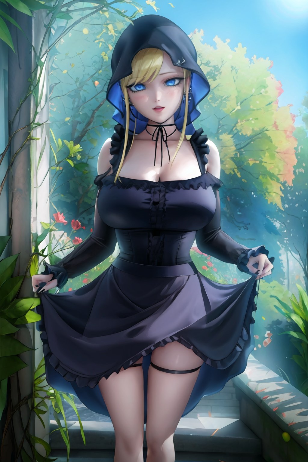 1boy, 1girl, masterpiece, high quality, intricate details, extremely detailed, 4k, (solo), pixiv, cg, black dress, bare shoulders, large breasts, frills, long sleves, cleaveage, off shoulder dress, hood up, black choker, long hair, black nails, cross earrings, wide slevees, blue eyes, blonde hair, alice , <lora:alice-09:0.8>, outdoors, garden, (roses), <lora:sakimichan-v1.6-lora-naivae-newcraft:0.8>, sakimichan, (skirt lift:1.3) 