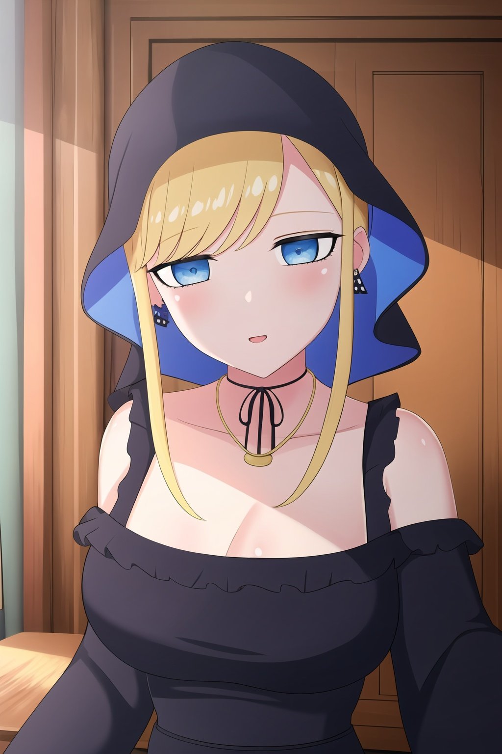 1girl, masterpiece, high quality, intricate details, extremely detailed, 4k, (solo), pixiv, cg, black dress, bare shoulders, large breasts, frills, long sleves, cleaveage, off shoulder dress, hood, black choker, long hair, black nails, cross earrings, wide sleves blue eyes, blonde hair, alice, <lora:alice-09:0.8>, indoors, room, ((selfie)), ((pov)), 