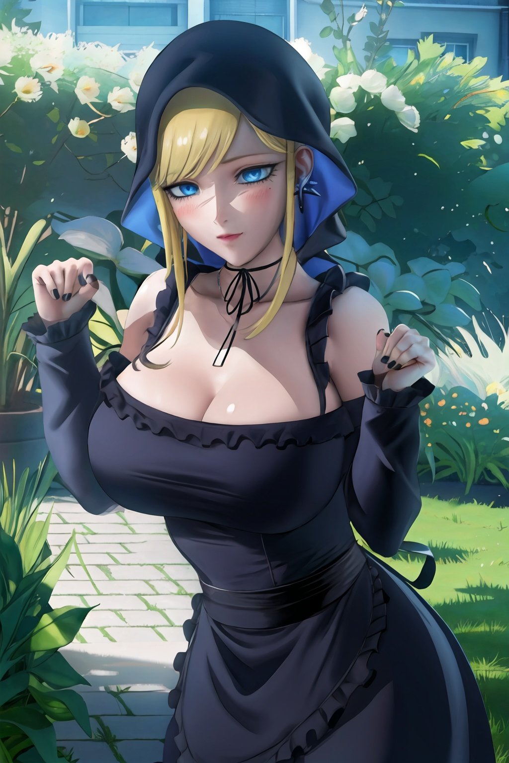 1boy, 1girl, masterpiece, high quality, intricate details, extremely detailed, 4k, (solo), pixiv, cg, black dress, bare shoulders, large breasts, frills, long sleves, cleaveage, off shoulder dress, hood up, black choker, long hair, black nails, cross earrings, wide slevees, blue eyes, blonde hair, alice , <lora:alice-09:0.8>, outdoors, garden, (roses), <lora:sakimichan-v1.6-lora-naivae-newcraft:0.8>, sakimichan, (paw pose:1.1), blush, embarrassed, closed mouth, 