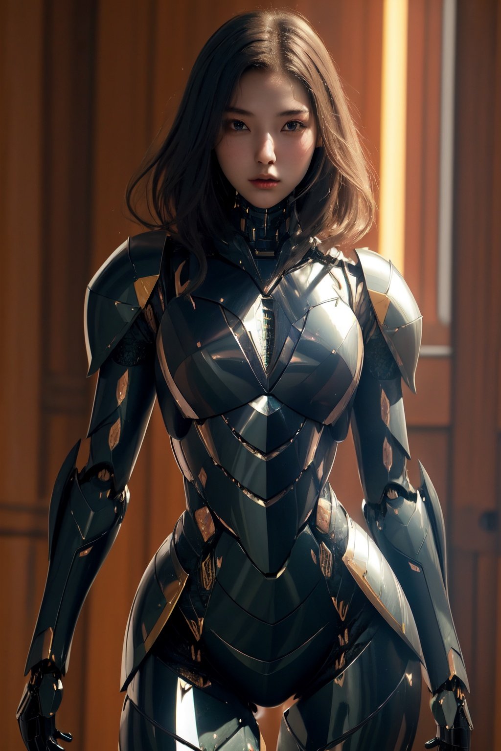 best quality, masterpiece, 1girl, black mecha body, breasts, (Chest armor:1.3),  shinny, standing, <lora:jixieji-000007:0.8>, 