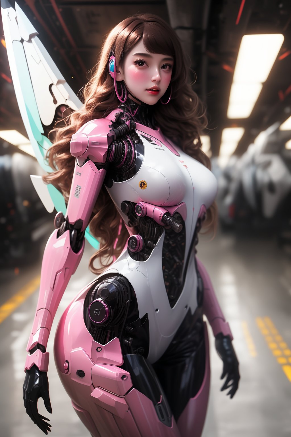 best quality,masterpiece,1girl,pink mecha body,blurry,blurry background,full body,breasts,brown eyes,brown hair,depth of field,long hair,looking at viewer,medium breasts,shiny,solo,standing,wings,1 girl with wings in mecha,Wings Follow Character Proportion,Outstanding,8K wallpaper,jixieji,<lora:jixieji:1>,