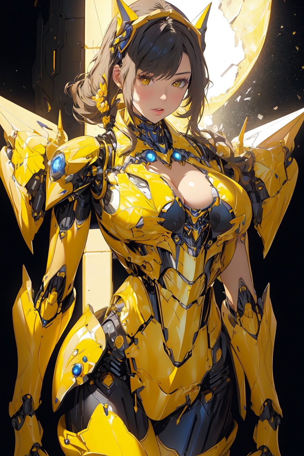 best quality, masterpiece, 1girl, yellow mecha body, big breasts, (Chest armor:1.3),  shinny, standing, <lora:jixieji-000007:0.8>,