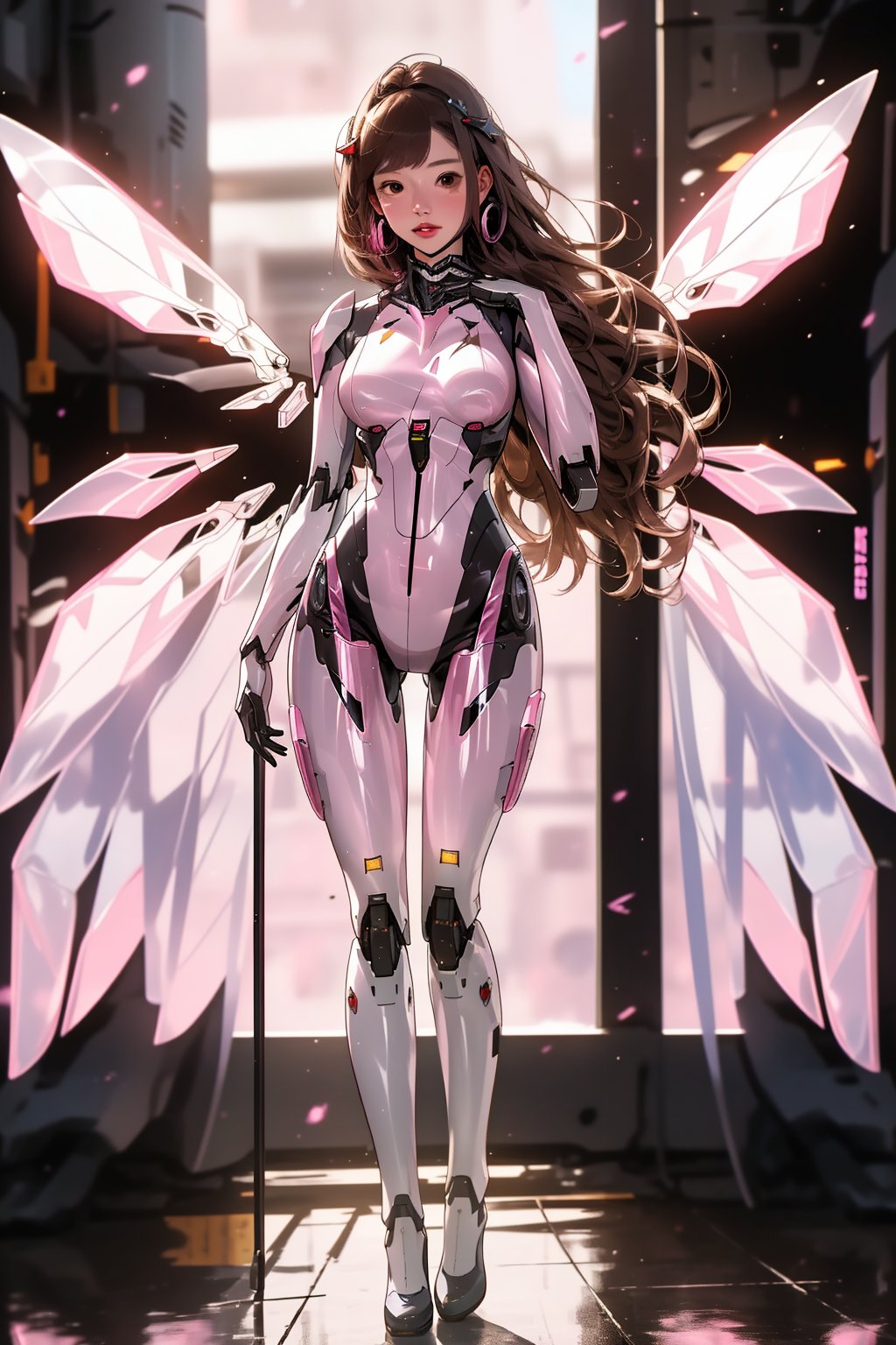 best quality,masterpiece,1girl,pink mecha body,blurry,blurry background,full body,breasts,brown eyes,brown hair,depth of field,long hair,looking at viewer,medium breasts,shiny,solo,standing,wings,1 girl with wings in mecha,Wings Follow Character Proportion,Outstanding,8K wallpaper,jixieji,<lora:jixieji:1>,